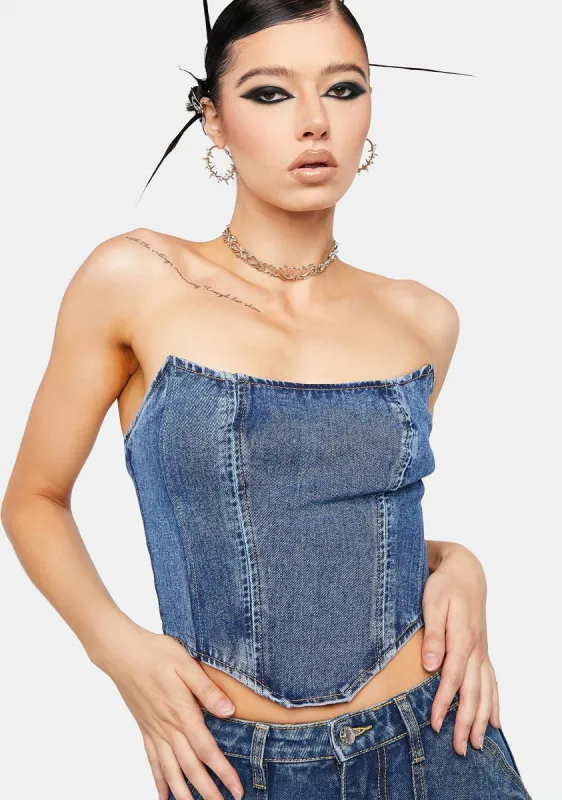 Dip Hem Denim Corset Top sold by Dolls Kill