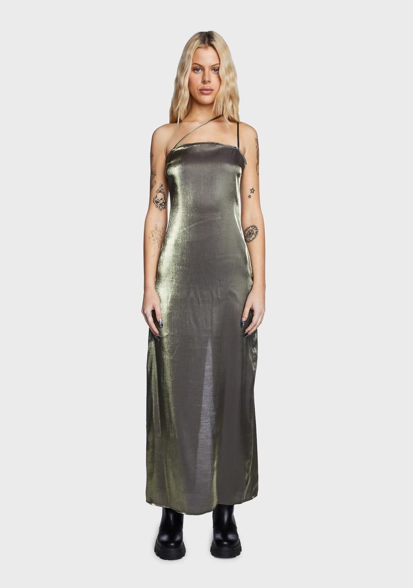 Olive Iridescent Maxi Dress sold by Dolls Kill
