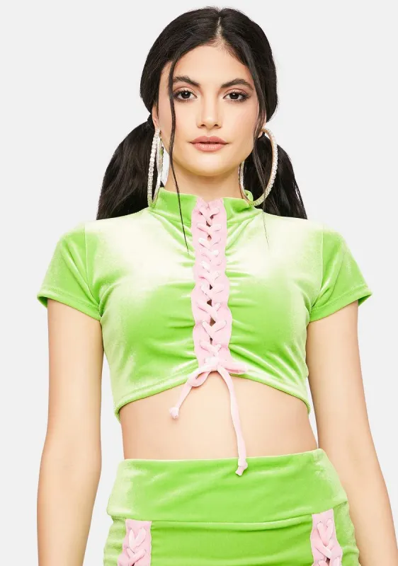 Lime Modern Angel Velour Crop Top sold by Dolls Kill