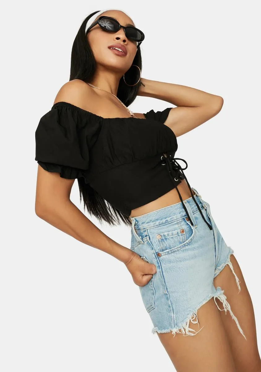 Night No Spoilers Off Shoulder Lace Up Crop Top sold by Dolls Kill product image thumbnail 2