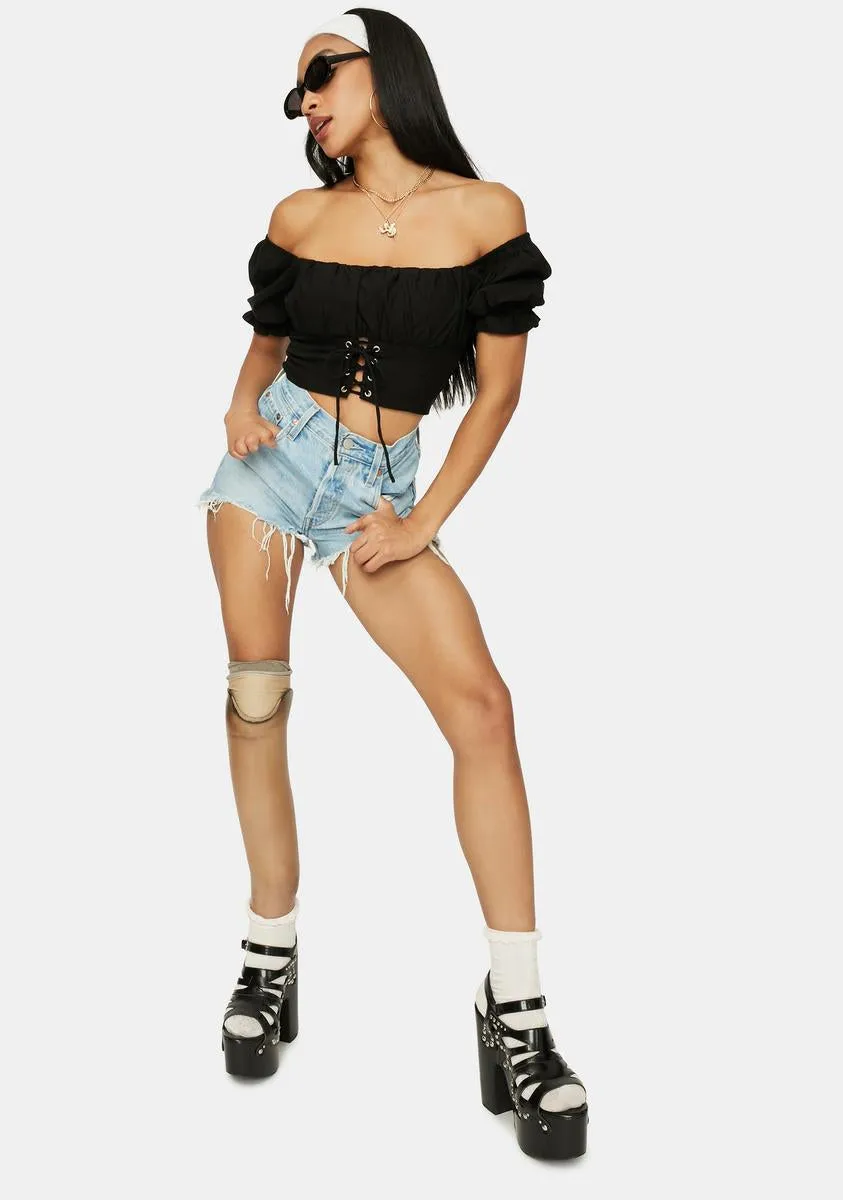 Night No Spoilers Off Shoulder Lace Up Crop Top sold by Dolls Kill product image thumbnail 3