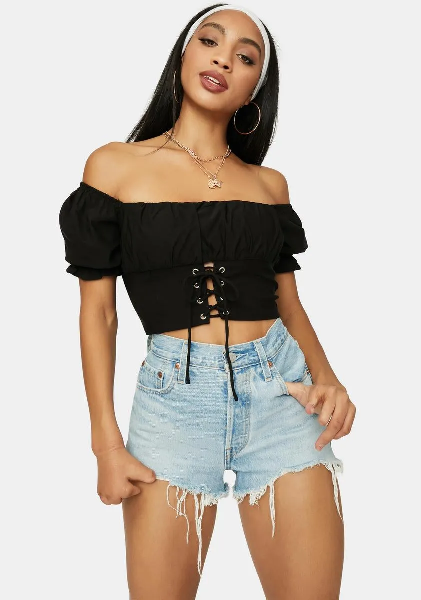 Night No Spoilers Off Shoulder Lace Up Crop Top sold by Dolls Kill