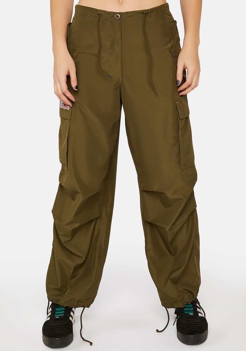 Silky Olive Flap Pocket Cargo Pants sold by Dolls Kill