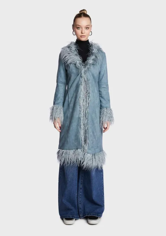 Blue Faux Fur Trimmed Coat sold by Dolls Kill