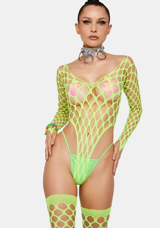 Neon So Alluring Fishnet Bodysuit & Stockings Set sold by Dolls Kill