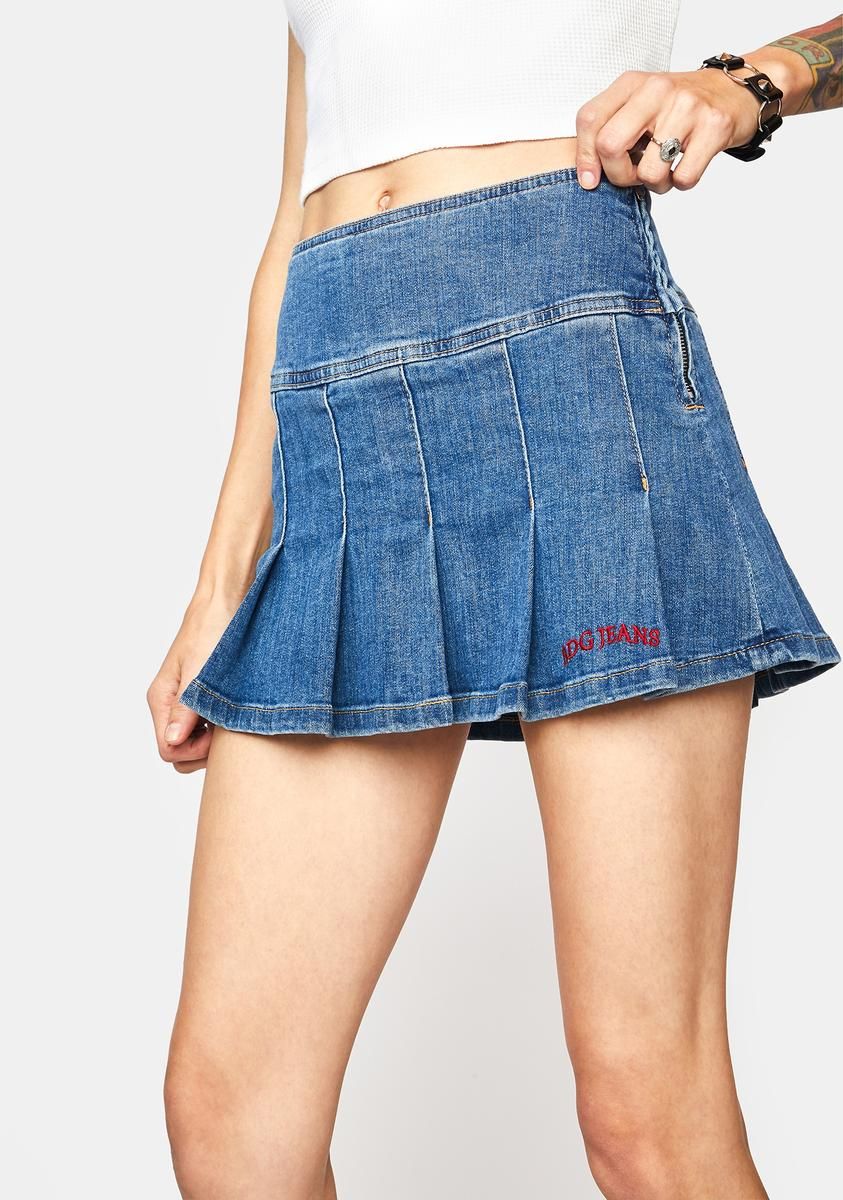 Denim Pleated Mini Skirt sold by Dolls Kill