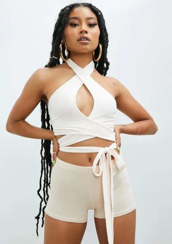 Beige Relaxed State Cross Front Crop Top sold by Dolls Kill
