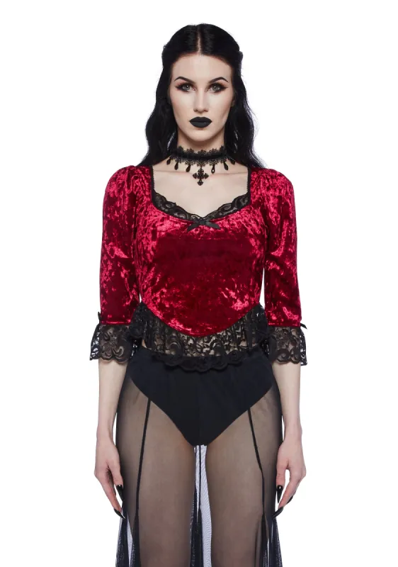 Dim The Light Velvet Bustier Top- Red sold by Dolls Kill