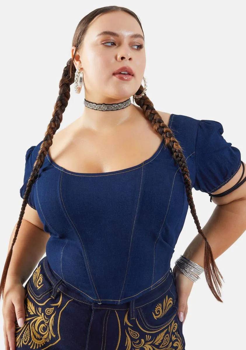 Plus Rodeo Princess Denim Puff Sleeve Top sold by Dolls Kill