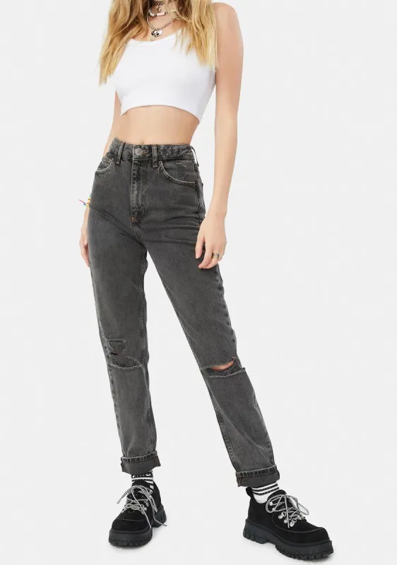 Washed Black Destroyed Mom Jeans sold by Dolls Kill