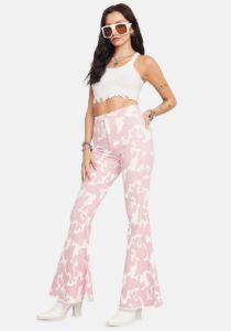 Blush Causal Cow Print Bell Bottom Pants sold by Dolls Kill