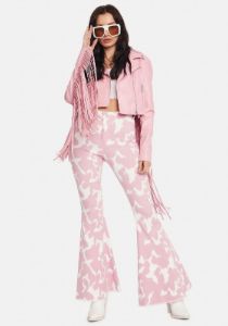 Blush Causal Cow Print Bell Bottom Pants sold by Dolls Kill