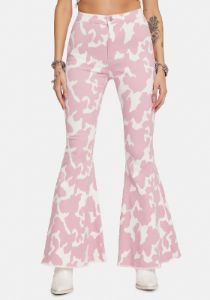 Blush Causal Cow Print Bell Bottom Pants sold by Dolls Kill