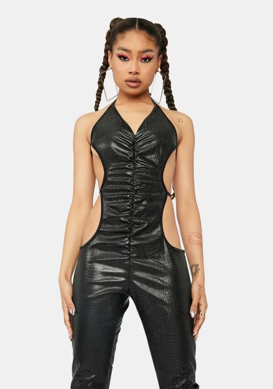 Charming Side Ruched Open Back Jumpsuit sold by Dolls Kill