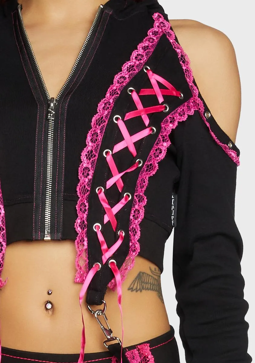 Pink Lace Crop Hoodie sold by Dolls Kill product image thumbnail 2