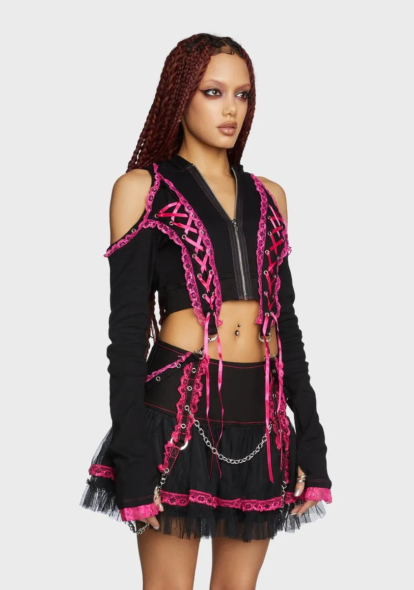 Pink Lace Crop Hoodie sold by Dolls Kill product image thumbnail 3