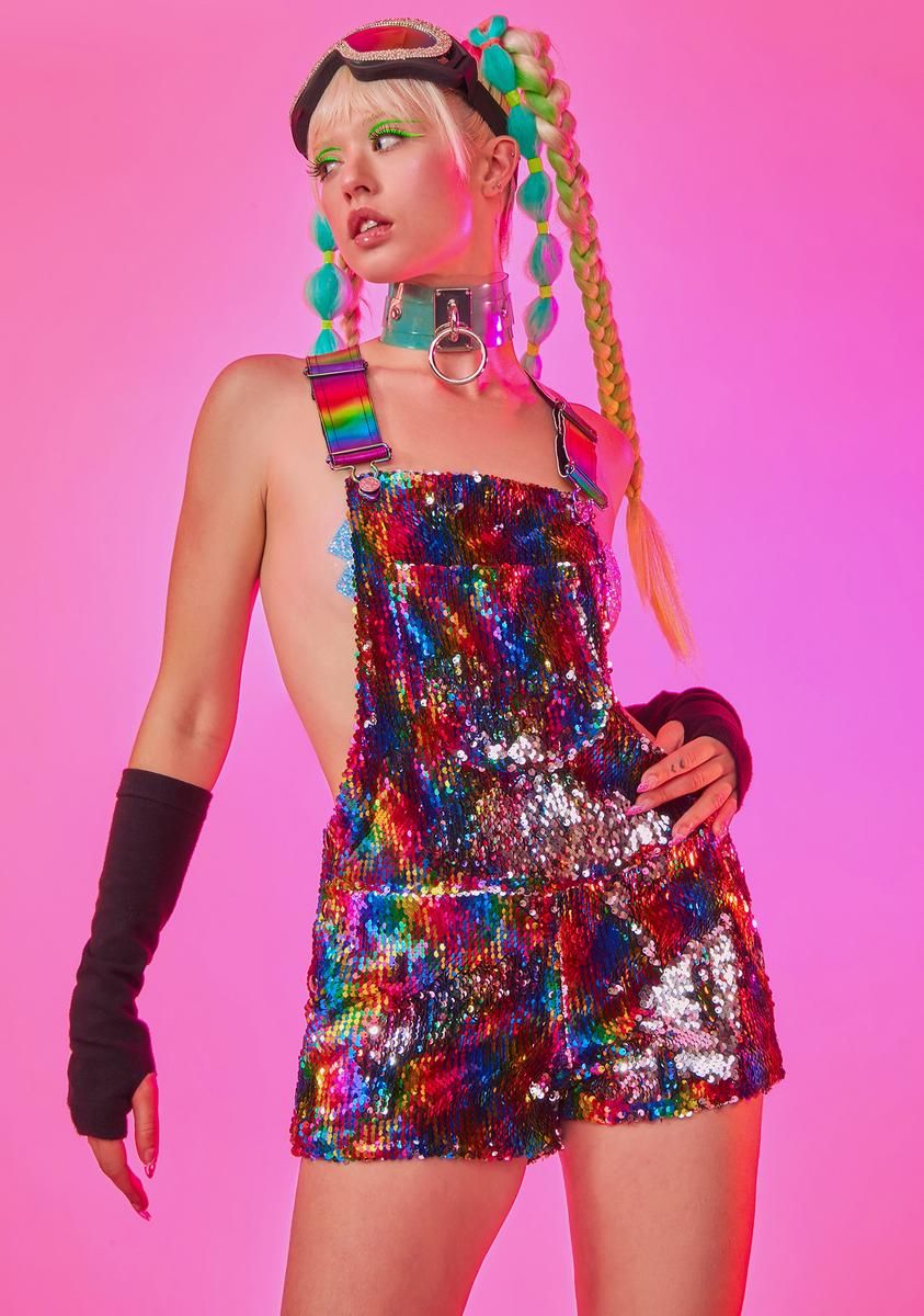 Rainbow Road Sequin Overalls sold by Dolls Kill