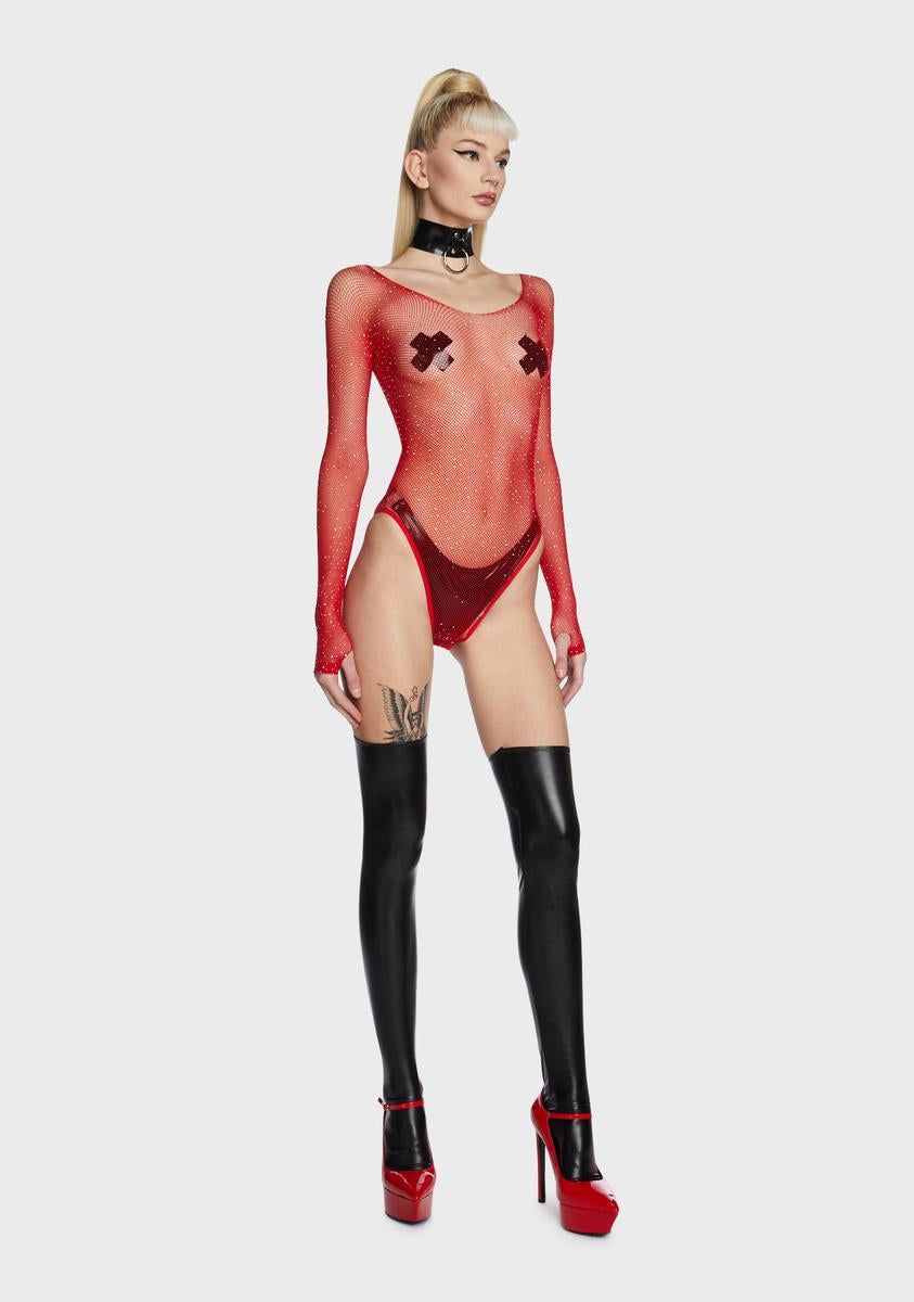 Cherry Frozen Ice Rhinestone Fishnet Bodysuit sold by Dolls Kill