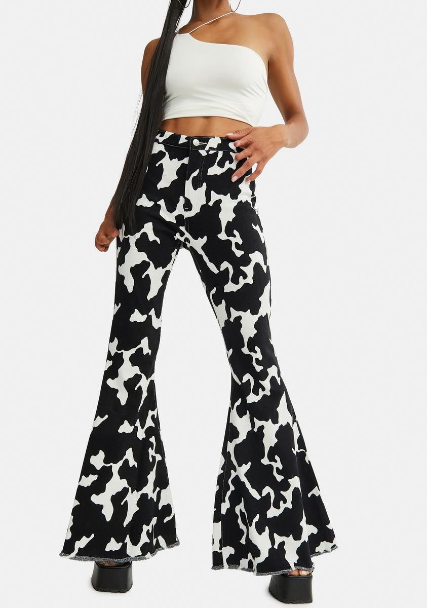 Causal Cow Print Bell Bottom Pants sold by Dolls Kill