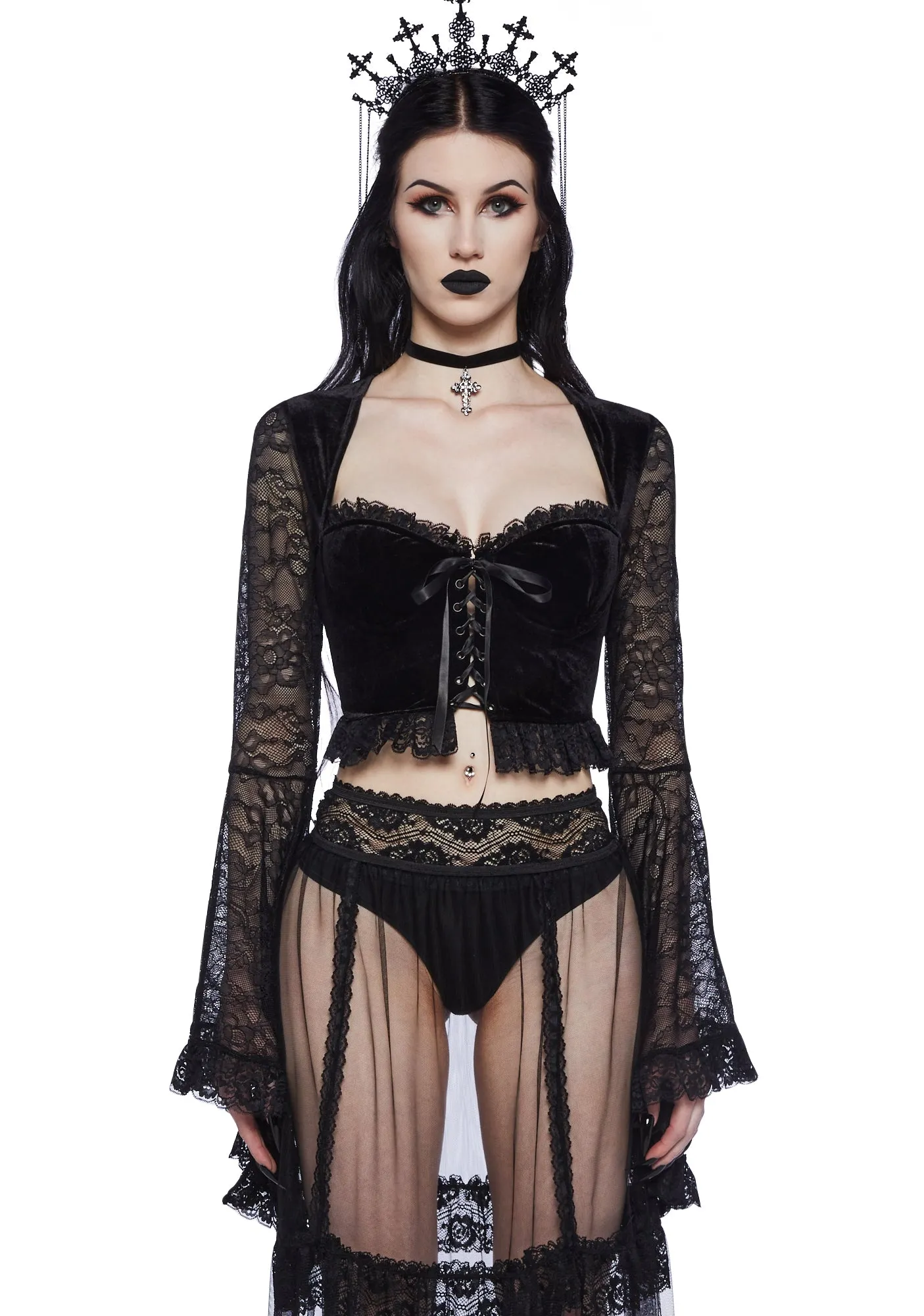 Private Misery Velvet Crop Top - Lace sold by Dolls Kill