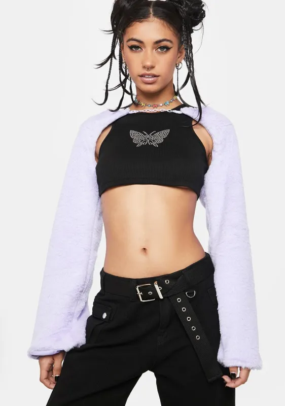 Lilac Believe In Magic Faux Fur Shrug sold by Dolls Kill