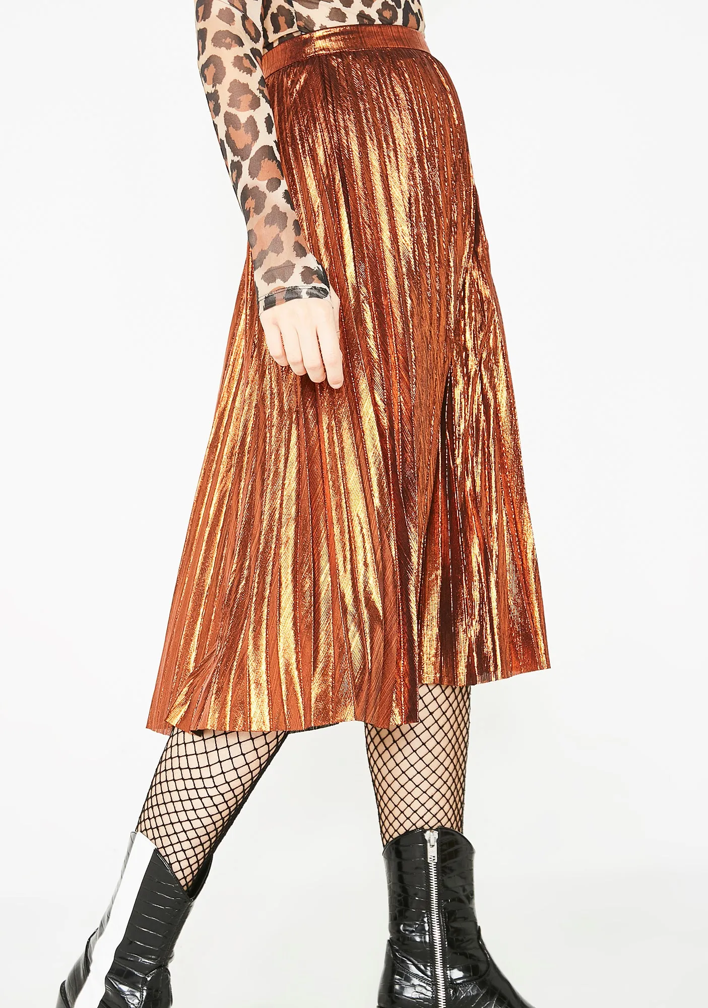 Caramel Tipsy Twirl Metallic Skirt sold by Dolls Kill