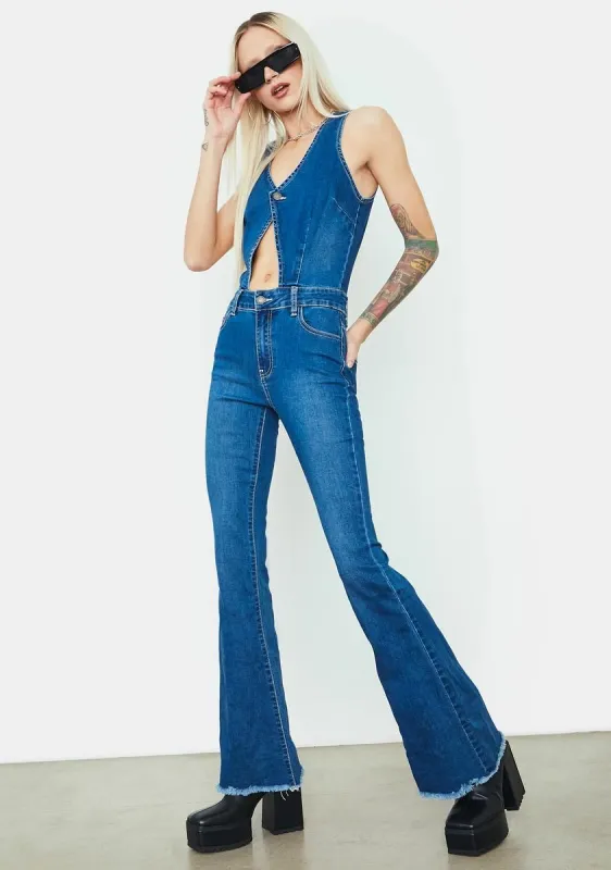 Destination Anywhere Denim Flare Jumpsuit sold by Dolls Kill