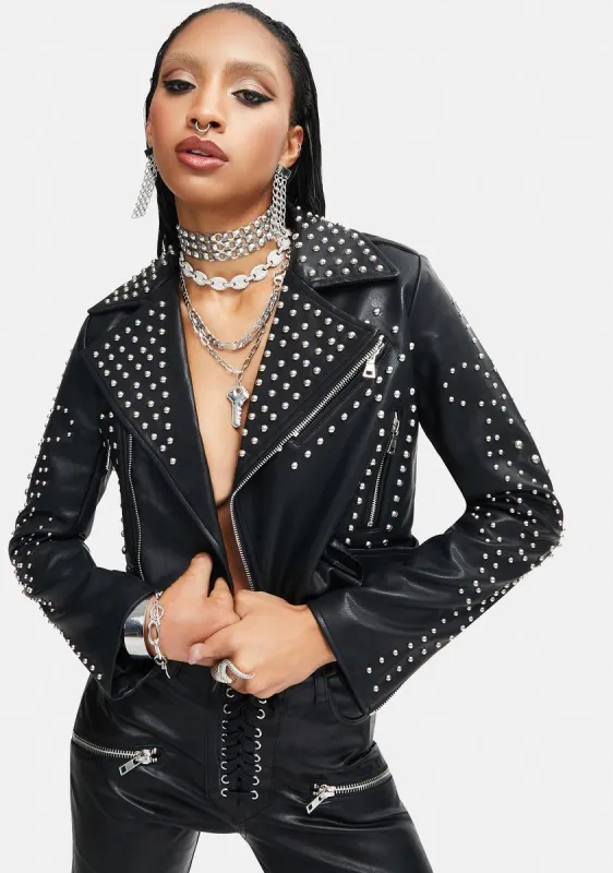 Bella Vita Cropped Studded Moto Jacket made by Azalea Wang