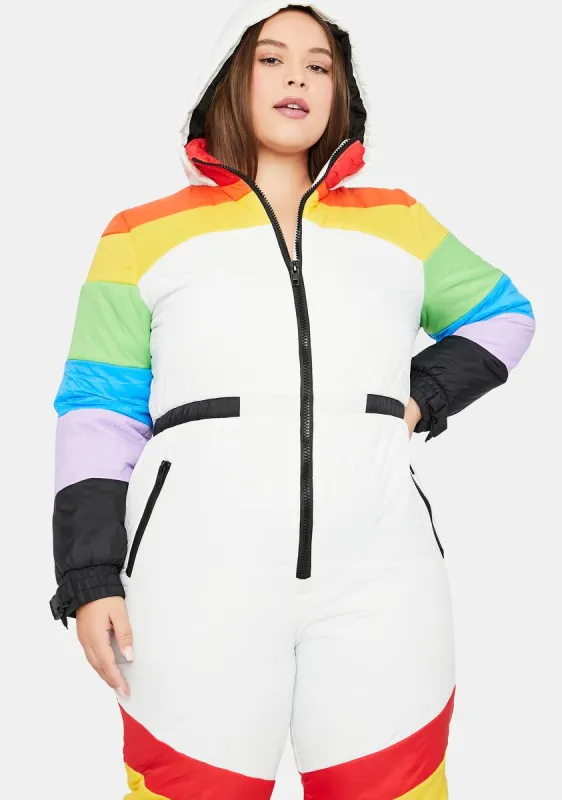 Totally Sweet Retreat Rainbow Puffer Snowsuit sold by Dolls Kill
