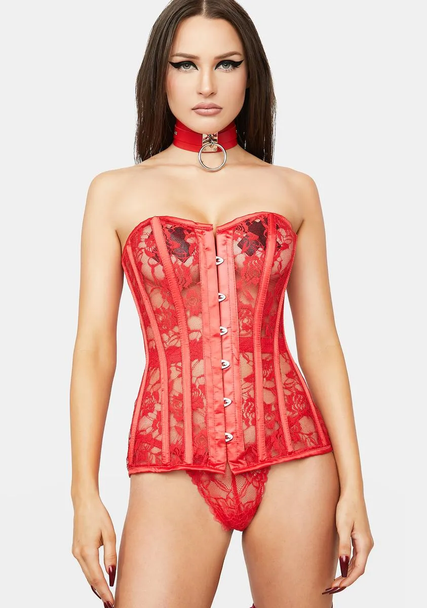 Red Lavish Sheer Lace Over Bust Corset sold by Dolls Kill