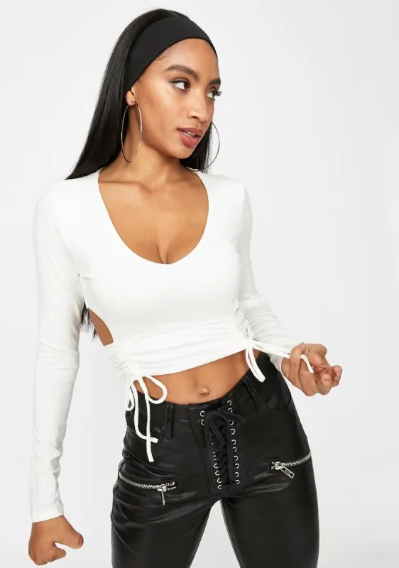 Ivory I'm A Catch Ruched Cutout Crop Top sold by Dolls Kill