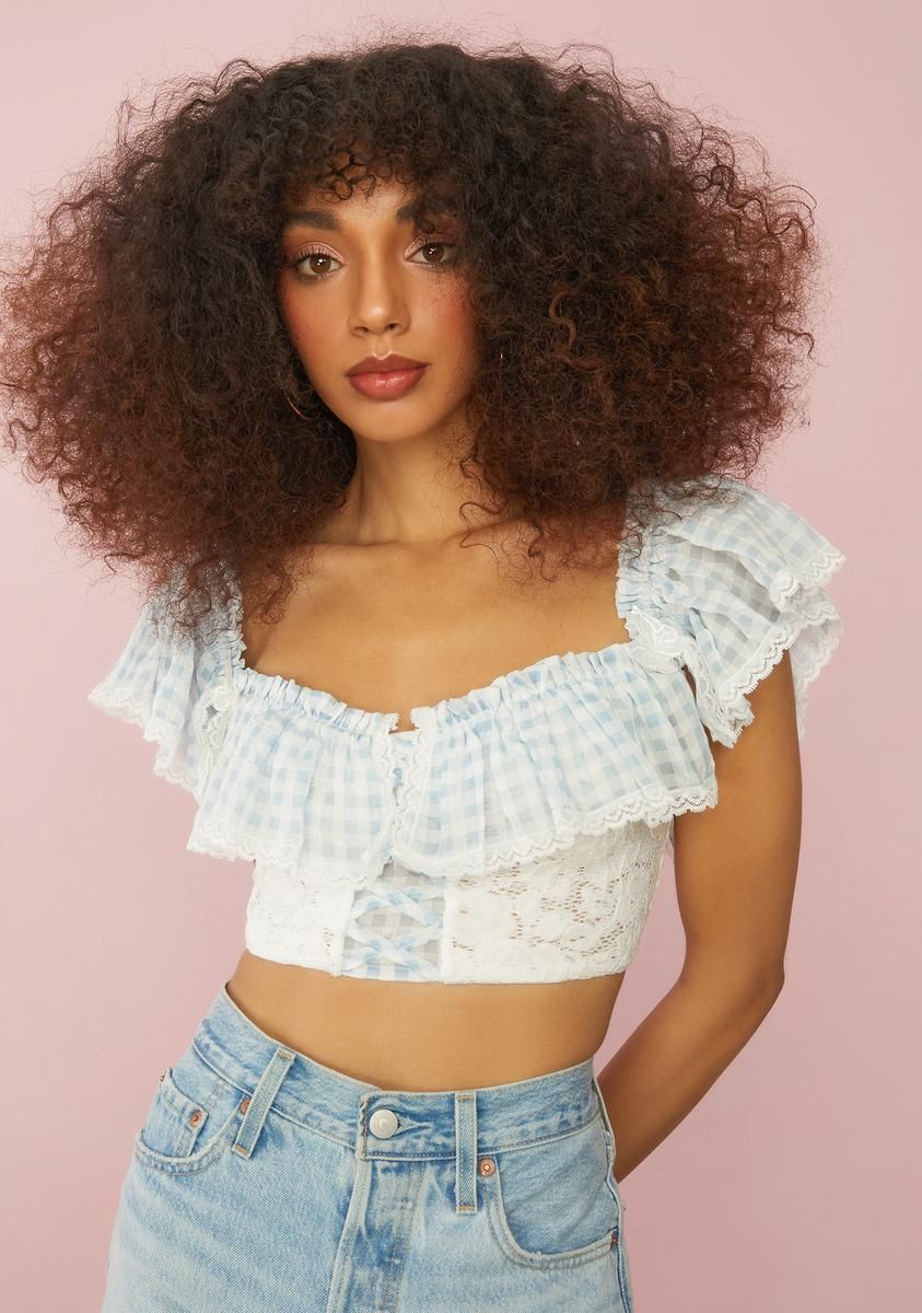 Sky Slice Of Heaven Gingham Ruffle Top sold by Dolls Kill