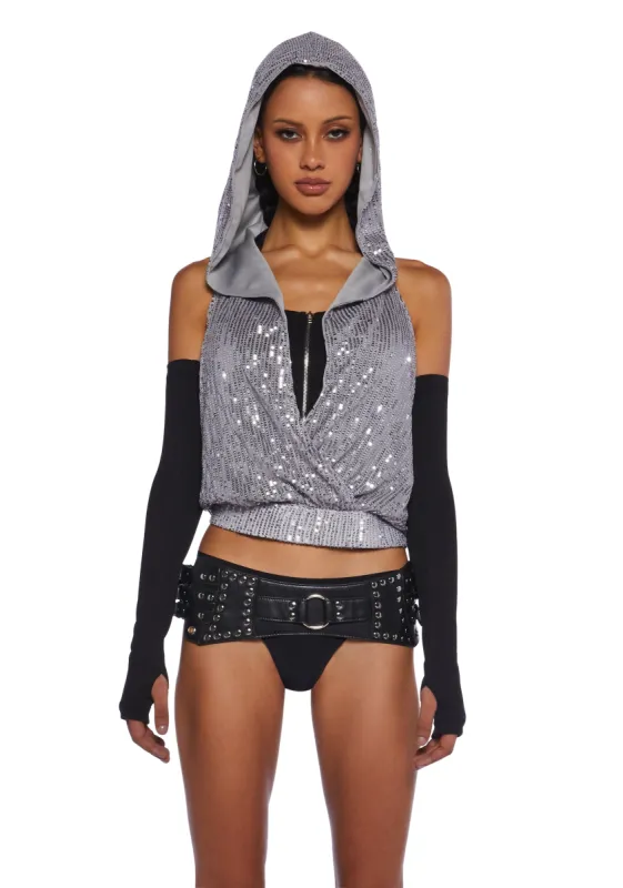 Shimmer Escapes Sequined Hooded Top sold by Dolls Kill
