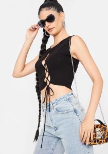 Midnight Catty Ties Lace Up Crop Top sold by Dolls Kill