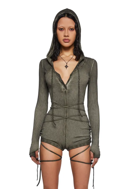 Crossfade Hooded Long Sleeve Romper - Green sold by Dolls Kill