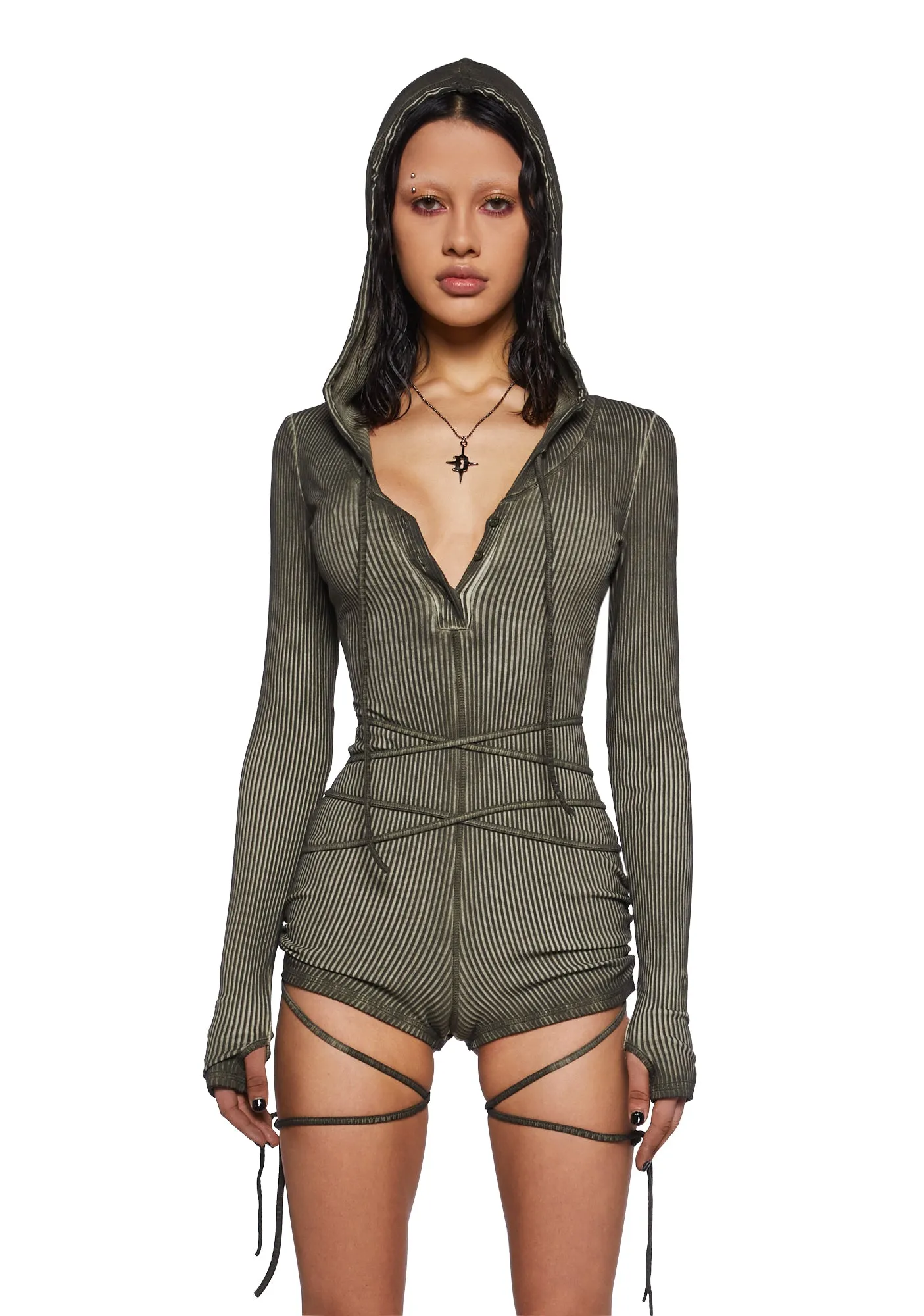 Crossfade Hooded Long Sleeve Romper - Green sold by Dolls Kill