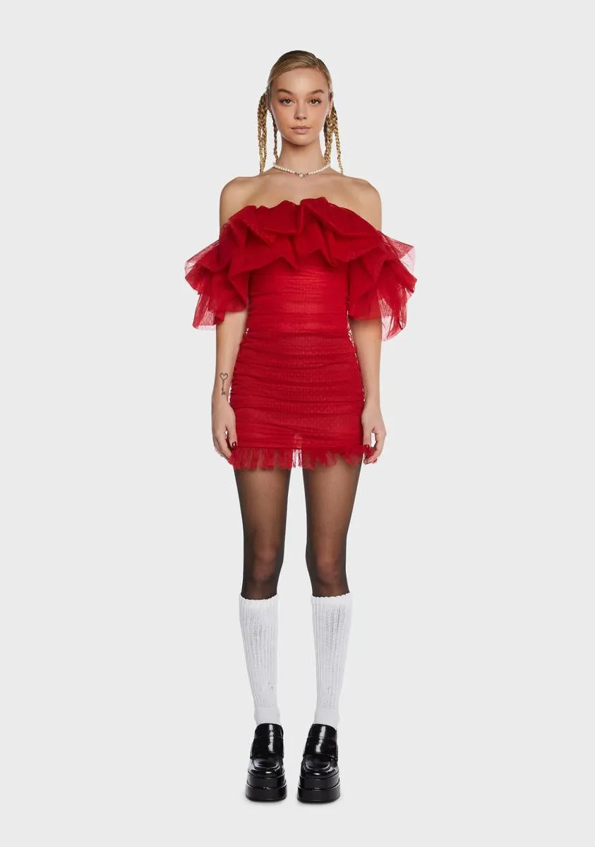 Red Tulle Pleated Strapless Dress sold by Dolls Kill