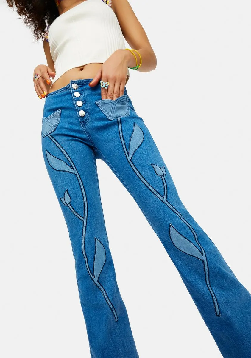 Hippie Nights Tulip Print Denim Flares sold by Dolls Kill