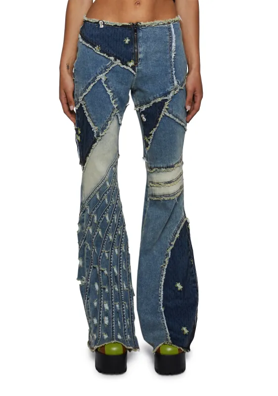 Stone Raise The Vibration Patchwork Flares sold by Dolls Kill