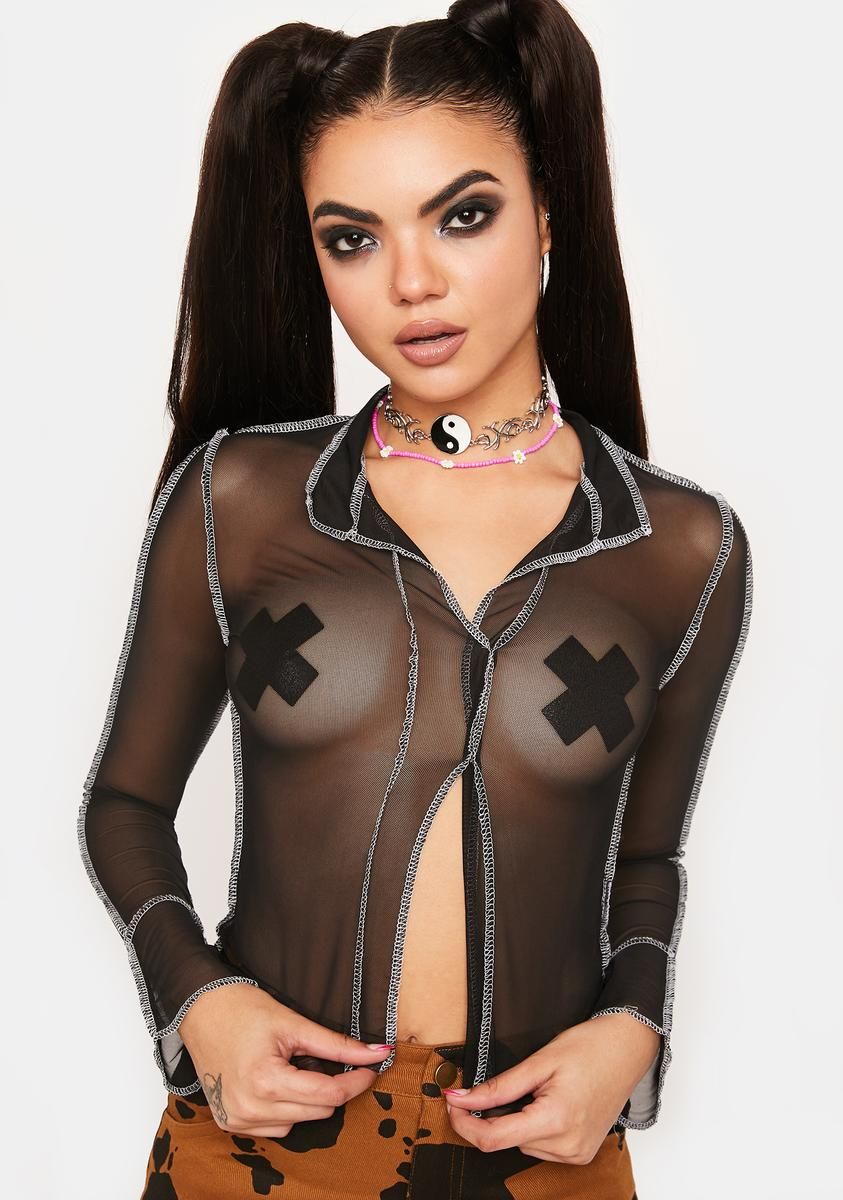 Contrast Stitch Mesh Blouse sold by Dolls Kill