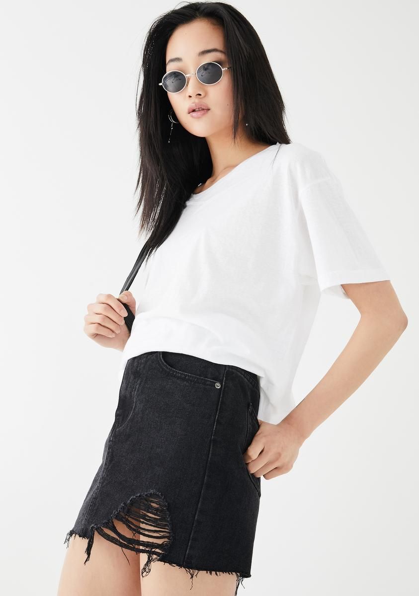 One Sided Distressed Hem Denim Skirt sold by Dolls Kill product image thumbnail 2