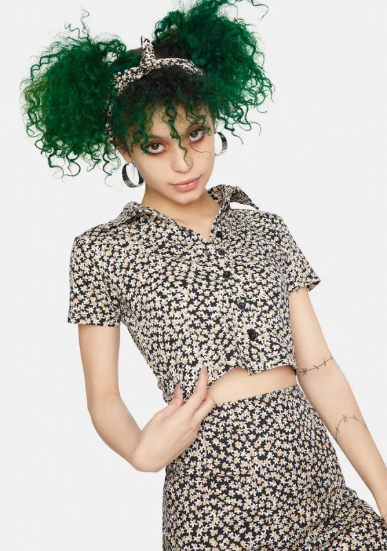 Spring Fling Floral Black Wuma Crop Shirt sold by Dolls Kill
