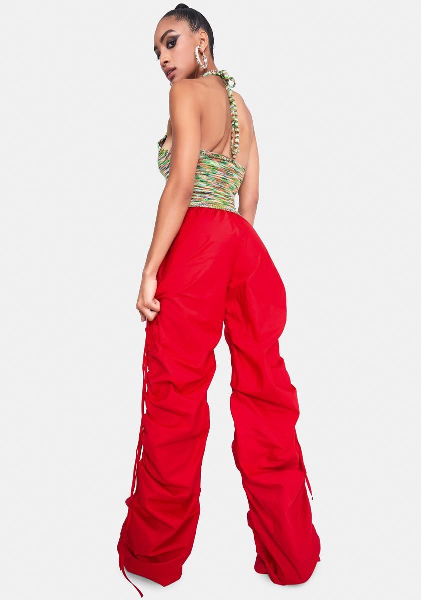 Red Cotton Wide Leg Cargo Trouser With Cut Out Ruched Detail sold by Dolls Kill product image thumbnail 4