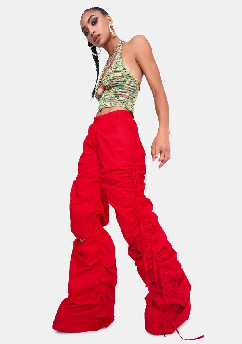 Red Cotton Wide Leg Cargo Trouser With Cut Out Ruched Detail sold by Dolls Kill product image thumbnail 3