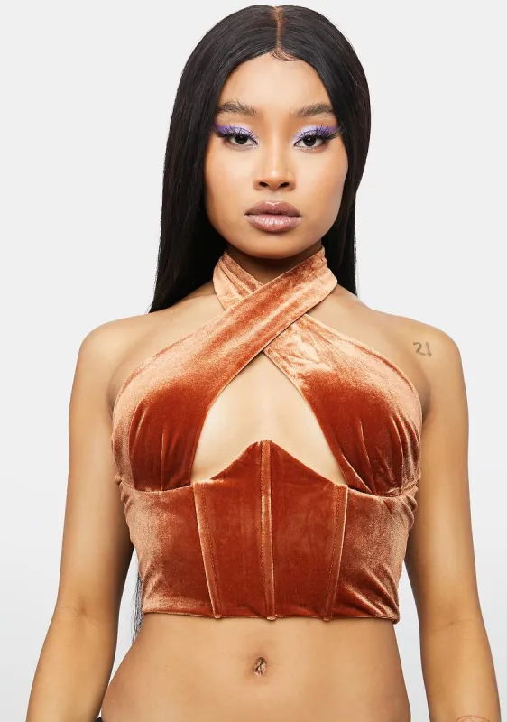 Brunette Cool Girl Velvet Halter Top sold by Dolls Kill