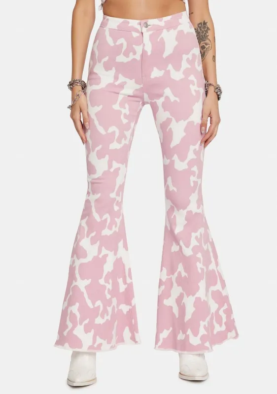 Blush Causal Cow Print Bell Bottom Pants sold by Dolls Kill