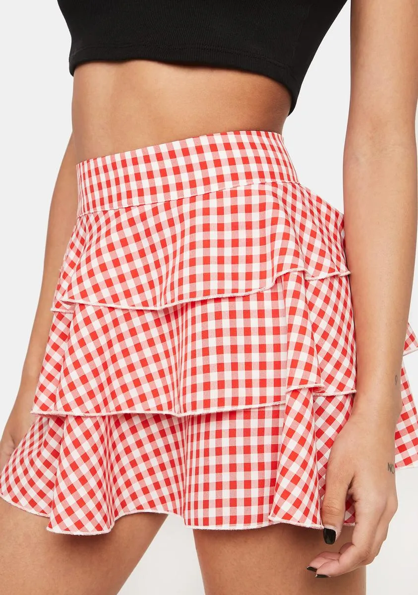 Cherry Ruffle My Feathers Gingham Skirt sold by Dolls Kill