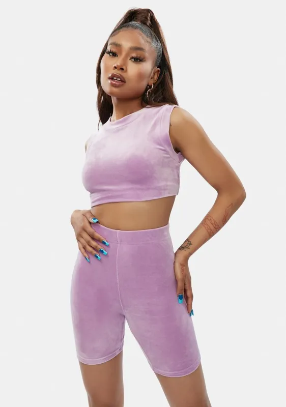 Purple Come Correct Velour Biker Shorts Set sold by Dolls Kill