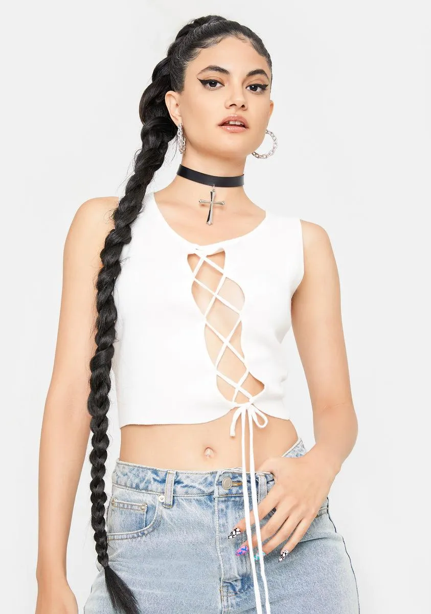 Blanc Catty Ties Lace Up Crop Top sold by Dolls Kill