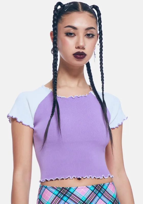 Lilac Dainty Heart Lettuce Hem Crop Tee sold by Dolls Kill